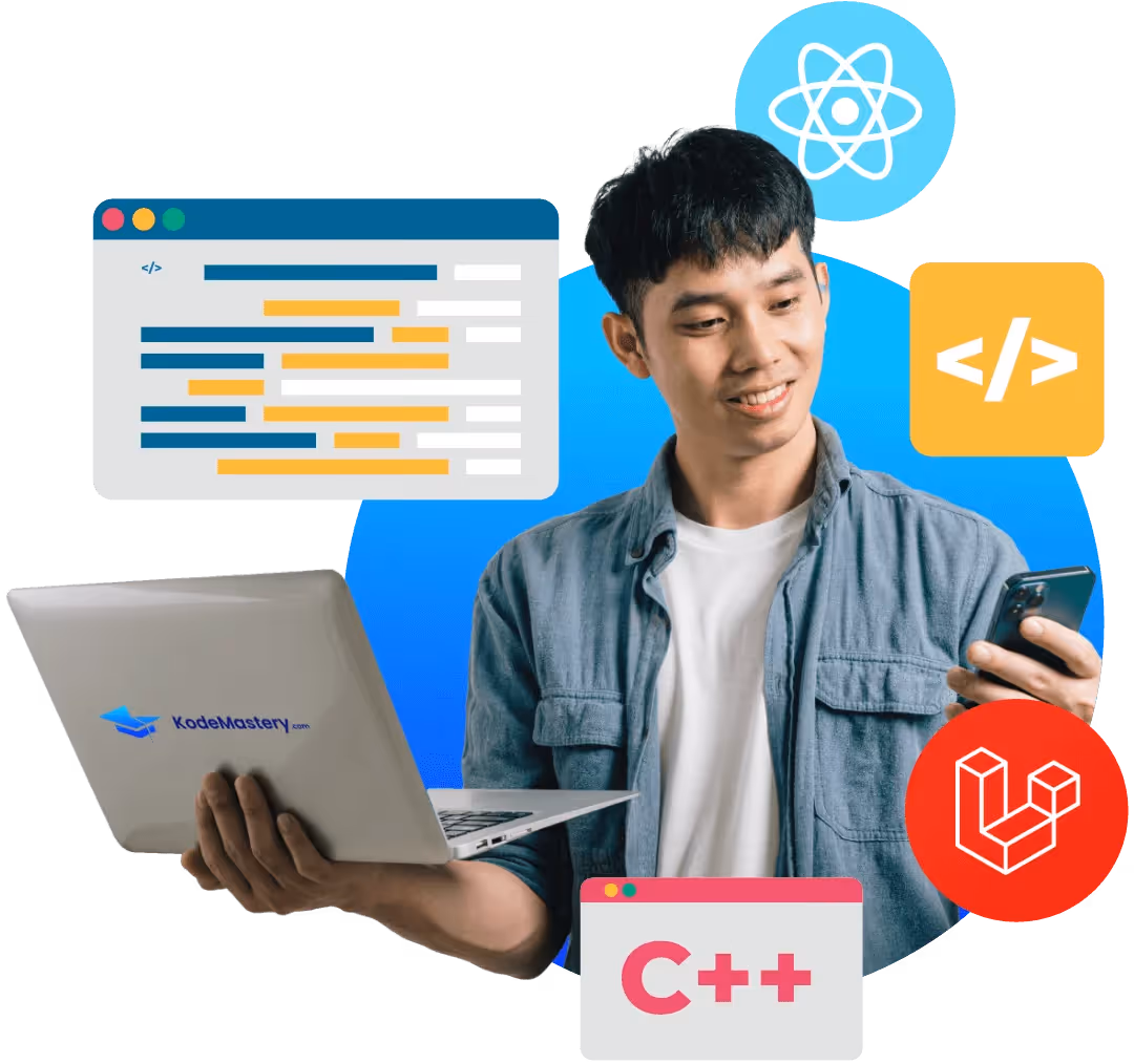 Ilustrasi belajar coding Laravel, React, Vue
